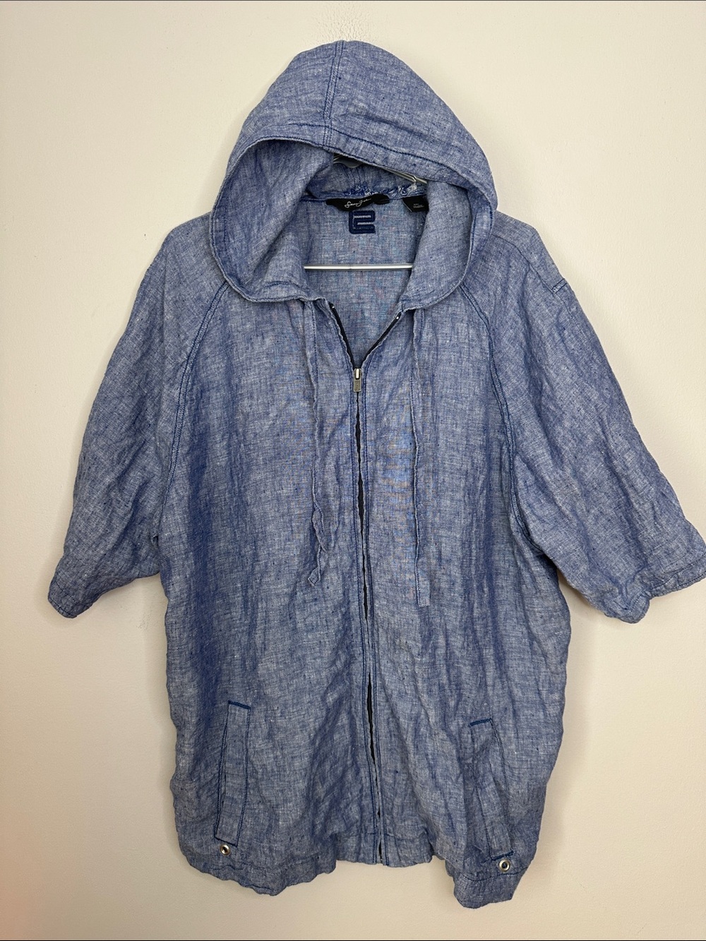Light Blue Hooded Zip-Front 100% linen Jacket 3/4 sleeve size XXL